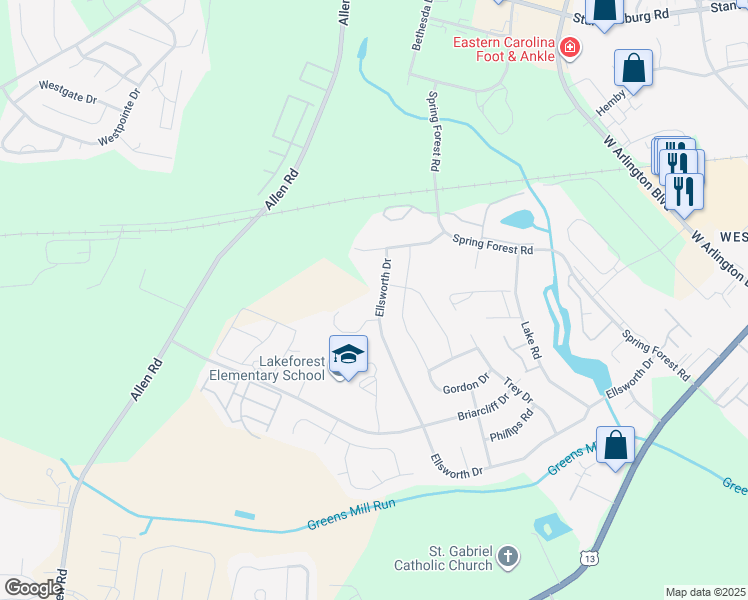 map of restaurants, bars, coffee shops, grocery stores, and more near 3409 Ellsworth Drive in Greenville