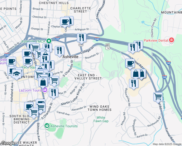 map of restaurants, bars, coffee shops, grocery stores, and more near 35 Lincoln Avenue West in Asheville