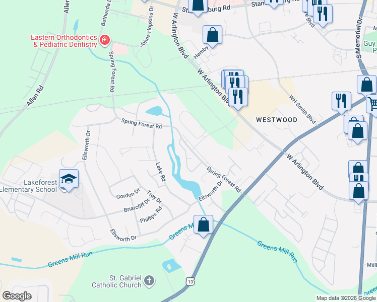 map of restaurants, bars, coffee shops, grocery stores, and more near 900 Spring Forest Road in Greenville