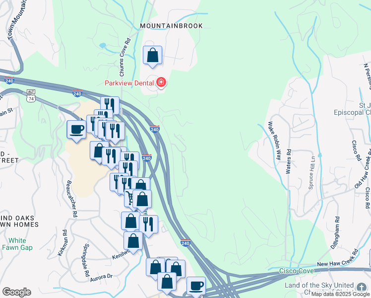 map of restaurants, bars, coffee shops, grocery stores, and more near 85 Piney Mountain Drive in Asheville