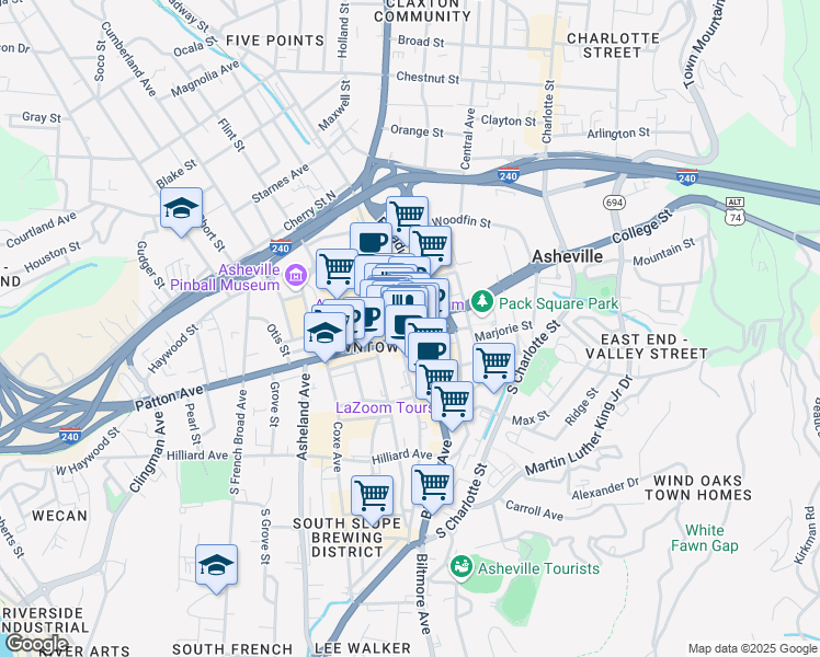 map of restaurants, bars, coffee shops, grocery stores, and more near 11 Patton Avenue in Asheville