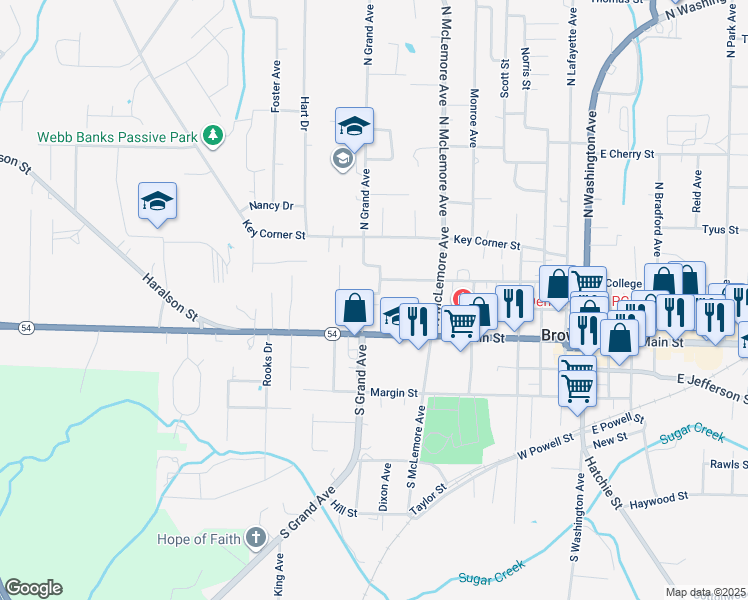 map of restaurants, bars, coffee shops, grocery stores, and more near 100 North Grand Avenue in Brownsville