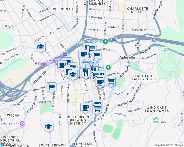 map of restaurants, bars, coffee shops, grocery stores, and more near 11 Patton Avenue in Asheville