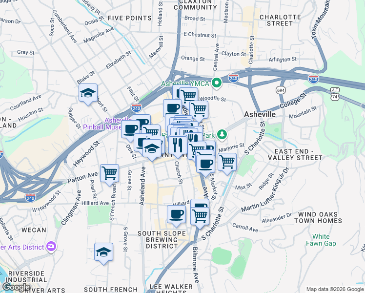 map of restaurants, bars, coffee shops, grocery stores, and more near 11 Patton Avenue in Asheville