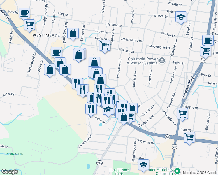 map of restaurants, bars, coffee shops, grocery stores, and more near 2206 Denise Drive in Columbia