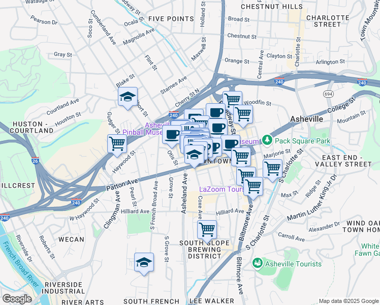 map of restaurants, bars, coffee shops, grocery stores, and more near 37 Battery Park Avenue in Asheville