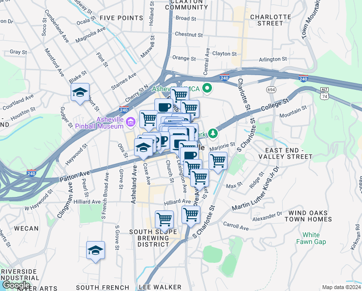 map of restaurants, bars, coffee shops, grocery stores, and more near 11 Patton Avenue in Asheville