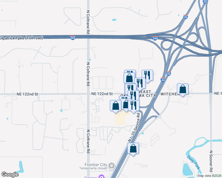 map of restaurants, bars, coffee shops, grocery stores, and more near 4495-4639 Northeast 122nd Street in Oklahoma City