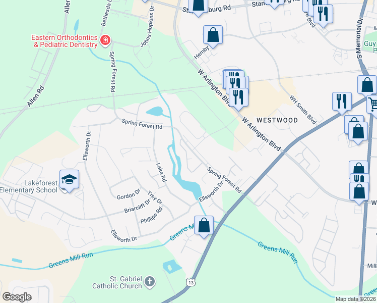 map of restaurants, bars, coffee shops, grocery stores, and more near 900 Spring Forest Road in Greenville