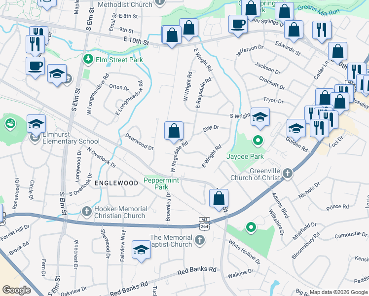 map of restaurants, bars, coffee shops, grocery stores, and more near 1401 West Ragsdale Road in Greenville