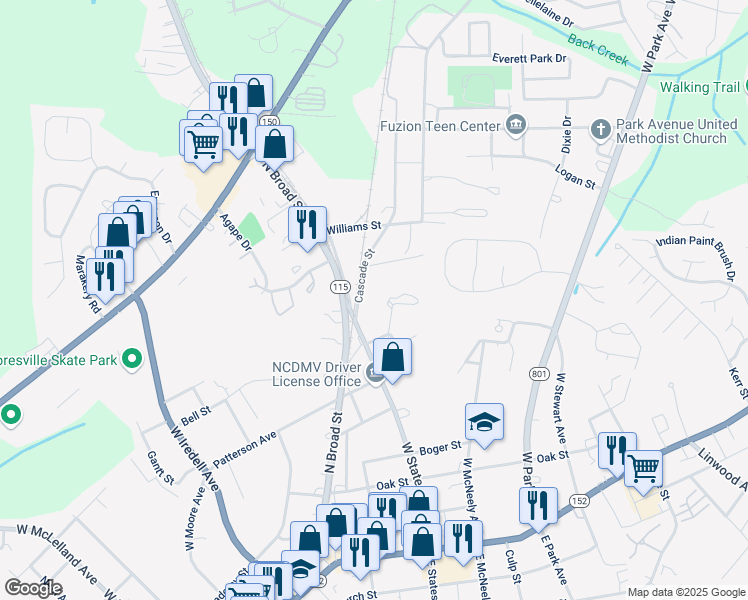 map of restaurants, bars, coffee shops, grocery stores, and more near 517 Cascade Street in Mooresville