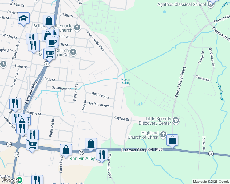 map of restaurants, bars, coffee shops, grocery stores, and more near 505 Mooresville Pike in Columbia