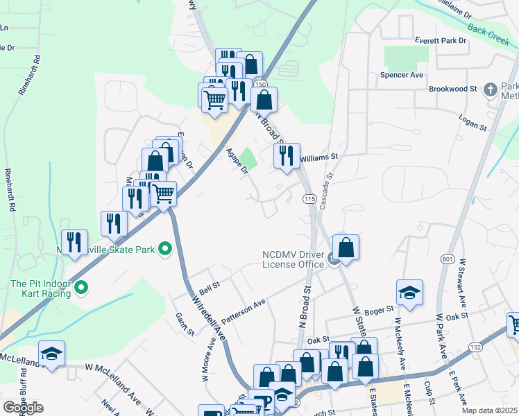 map of restaurants, bars, coffee shops, grocery stores, and more near 190 Agape Drive in Mooresville