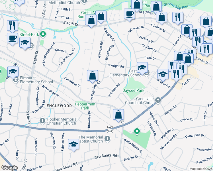 map of restaurants, bars, coffee shops, grocery stores, and more near 2411 Umstead Avenue in Greenville