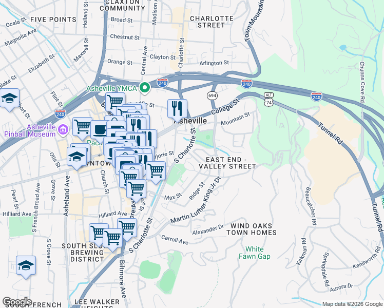 map of restaurants, bars, coffee shops, grocery stores, and more near 6 Vance Place Drive in Asheville