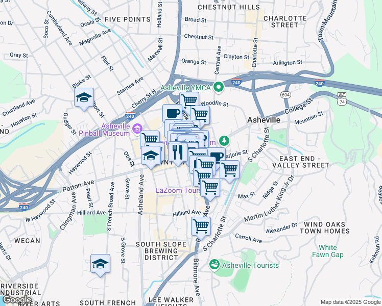 map of restaurants, bars, coffee shops, grocery stores, and more near 7 Patton Avenue in Asheville