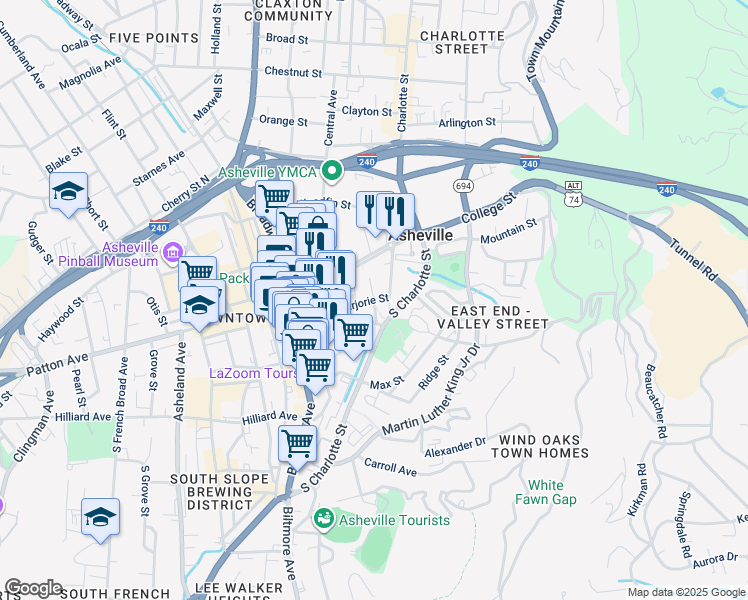 map of restaurants, bars, coffee shops, grocery stores, and more near Davidson Drive in Asheville