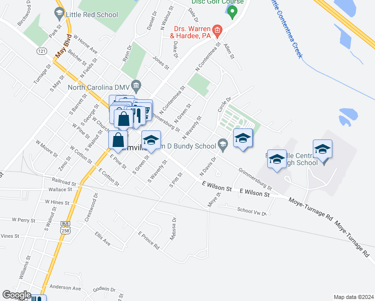 map of restaurants, bars, coffee shops, grocery stores, and more near 3362 North Pitt Street in Farmville