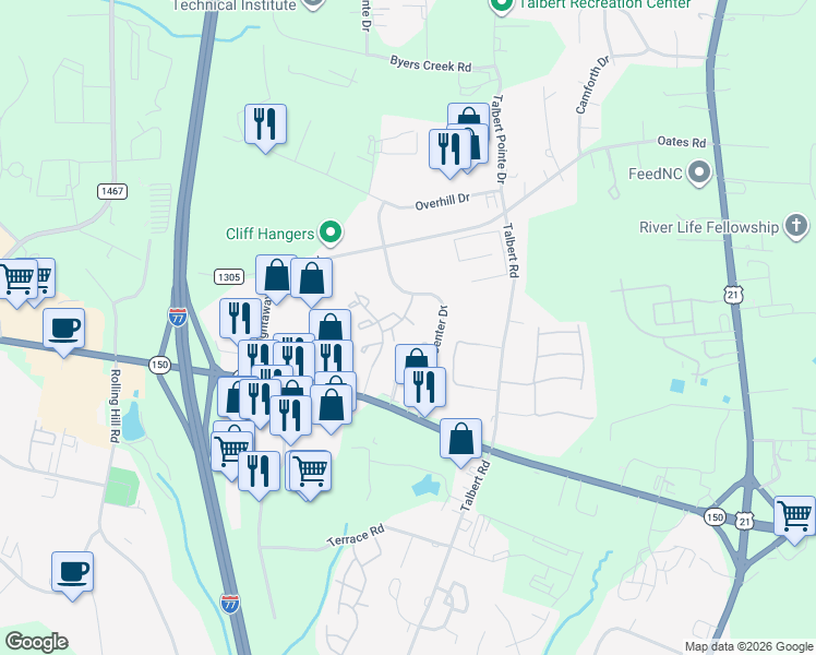 map of restaurants, bars, coffee shops, grocery stores, and more near 109 Fredericks Court in Mooresville