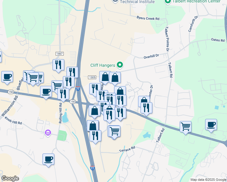 map of restaurants, bars, coffee shops, grocery stores, and more near 350 West Plaza Drive in Mooresville