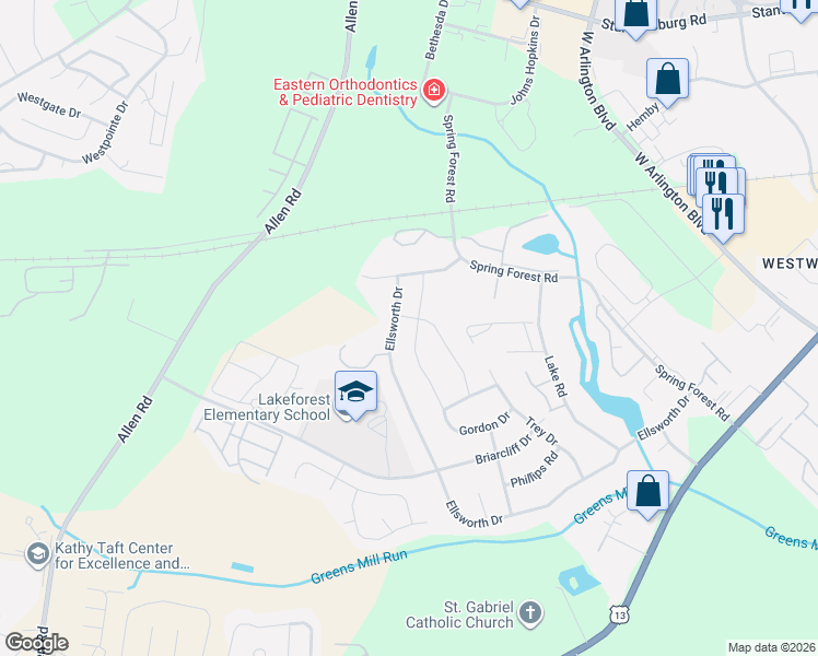 map of restaurants, bars, coffee shops, grocery stores, and more near 3409 Ellsworth Drive in Greenville
