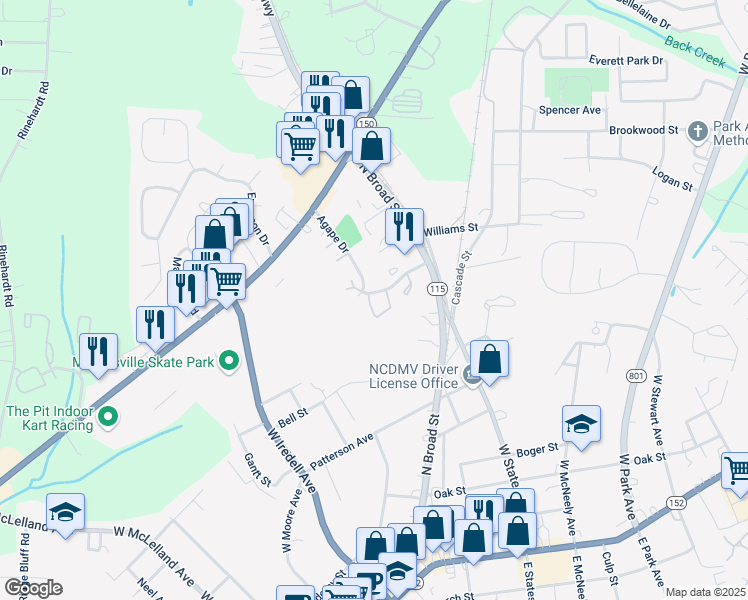 map of restaurants, bars, coffee shops, grocery stores, and more near 190 Agape Drive in Mooresville