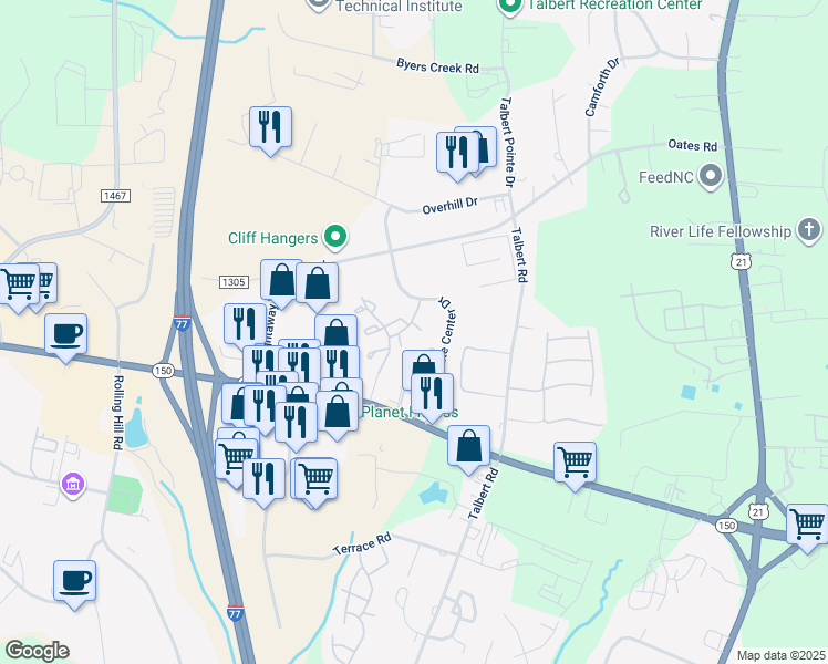 map of restaurants, bars, coffee shops, grocery stores, and more near 109 Fredericks Court in Mooresville