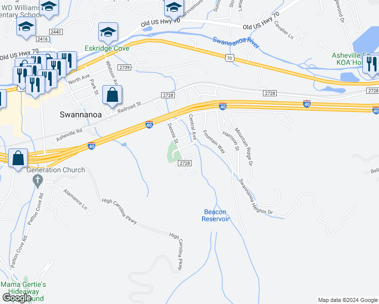 map of restaurants, bars, coffee shops, grocery stores, and more near 105 Morgan Street in Swannanoa