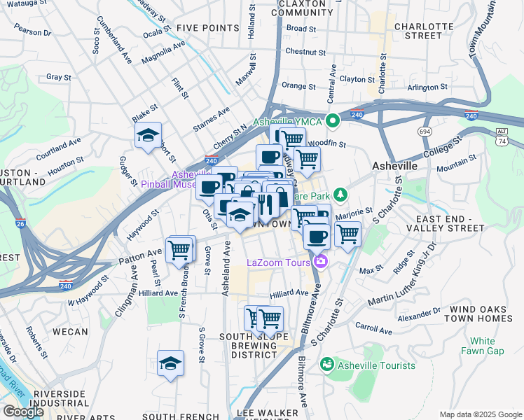 map of restaurants, bars, coffee shops, grocery stores, and more near in Asheville