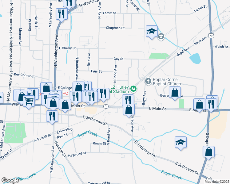 map of restaurants, bars, coffee shops, grocery stores, and more near 920 East College Street in Brownsville