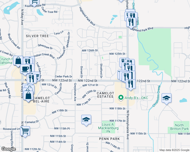 map of restaurants, bars, coffee shops, grocery stores, and more near 2337 Northwest 121st Street in Oklahoma City