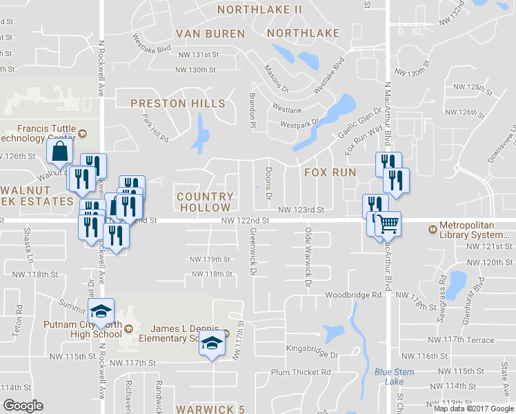 map of restaurants, bars, coffee shops, grocery stores, and more near 6524 Northwest 123rd Street in Oklahoma City