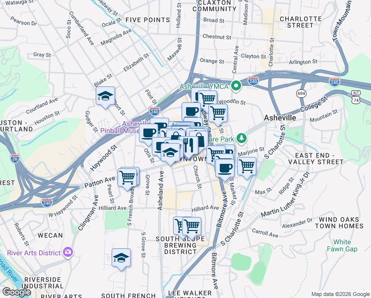 map of restaurants, bars, coffee shops, grocery stores, and more near in Asheville