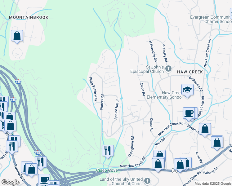 map of restaurants, bars, coffee shops, grocery stores, and more near 120 Spruce Hill Lane in Asheville