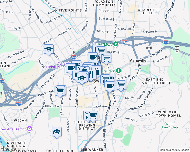 map of restaurants, bars, coffee shops, grocery stores, and more near in Asheville