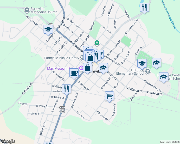 map of restaurants, bars, coffee shops, grocery stores, and more near 3438 South Contentnea Street in Farmville