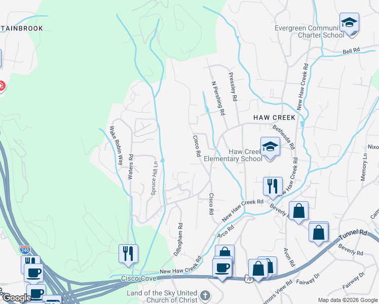 map of restaurants, bars, coffee shops, grocery stores, and more near 52 Cisco Road in Asheville