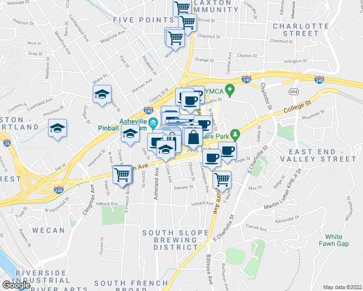 map of restaurants, bars, coffee shops, grocery stores, and more near in Asheville