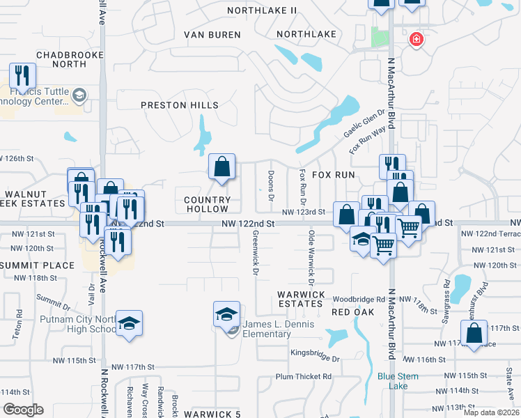 map of restaurants, bars, coffee shops, grocery stores, and more near 6524 Northwest 123rd Street in Oklahoma City
