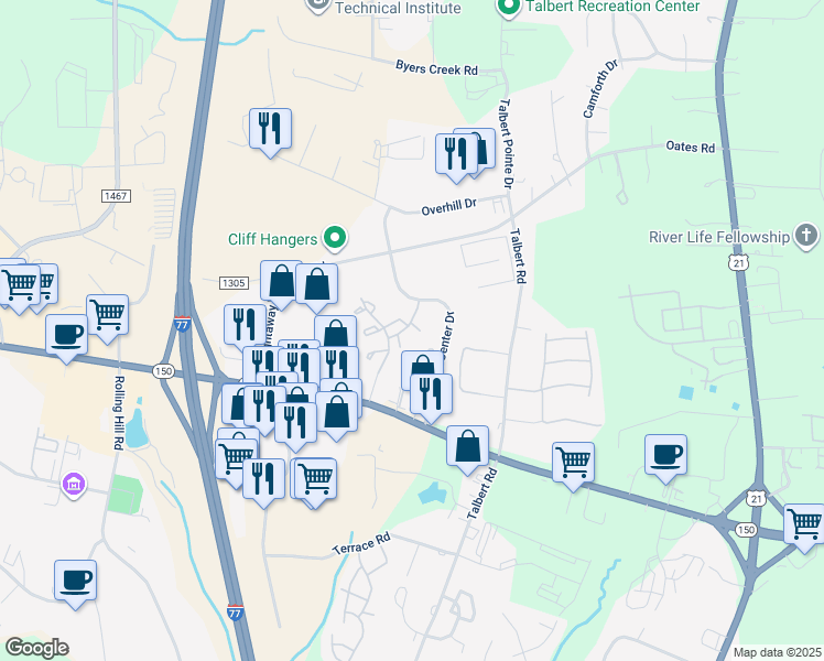 map of restaurants, bars, coffee shops, grocery stores, and more near 106 Navigator Court in Mooresville