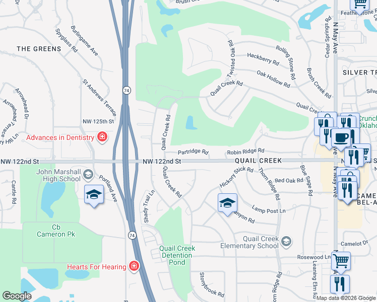 map of restaurants, bars, coffee shops, grocery stores, and more near 3412 Partridge Road in Oklahoma City