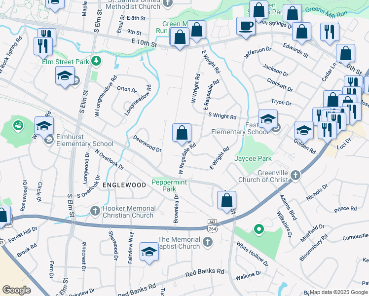 map of restaurants, bars, coffee shops, grocery stores, and more near 1402 West Ragsdale Road in Greenville
