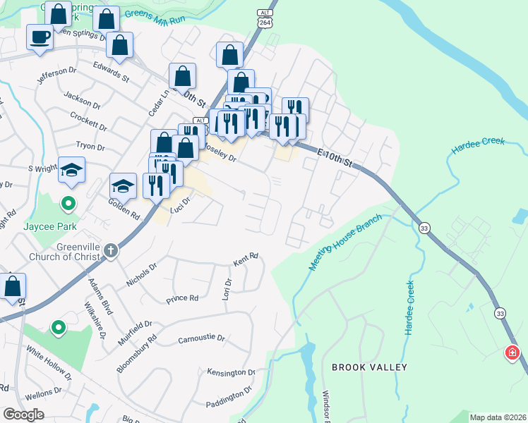 map of restaurants, bars, coffee shops, grocery stores, and more near 3234 Moseley Drive in Greenville