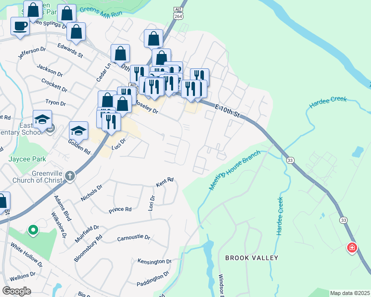 map of restaurants, bars, coffee shops, grocery stores, and more near 3311A Moseley Drive in Greenville