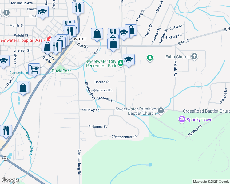 map of restaurants, bars, coffee shops, grocery stores, and more near 209 Meadow Lane in Sweetwater