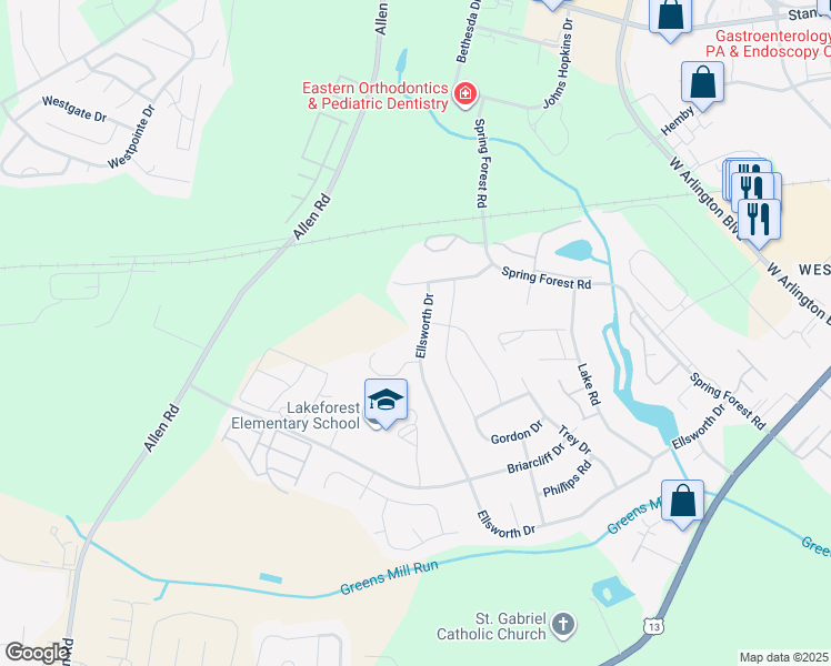 map of restaurants, bars, coffee shops, grocery stores, and more near 3413 Ellsworth Drive in Greenville
