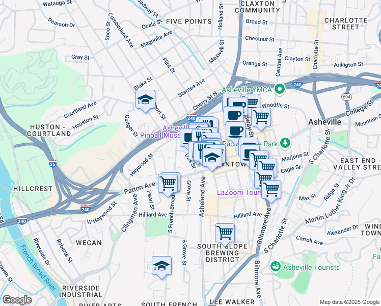 map of restaurants, bars, coffee shops, grocery stores, and more near 1 Page Avenue in Asheville