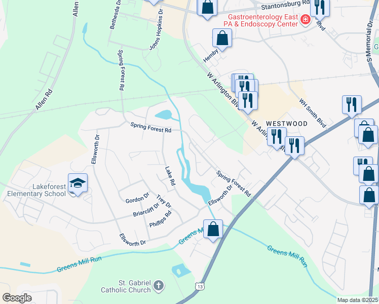 map of restaurants, bars, coffee shops, grocery stores, and more near 870 Spring Forest Road in Greenville