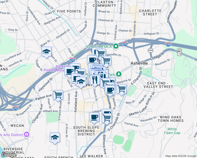 map of restaurants, bars, coffee shops, grocery stores, and more near 68 College Street in Asheville