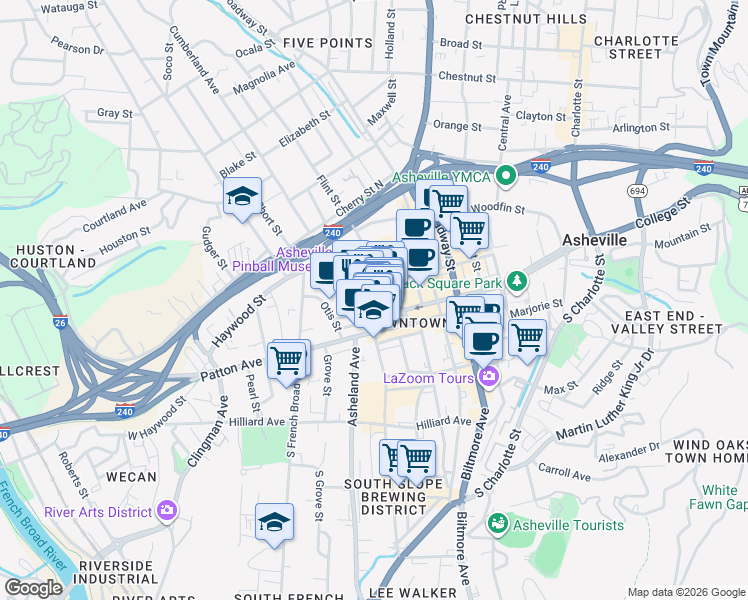 map of restaurants, bars, coffee shops, grocery stores, and more near 37 Battery Park Avenue in Asheville